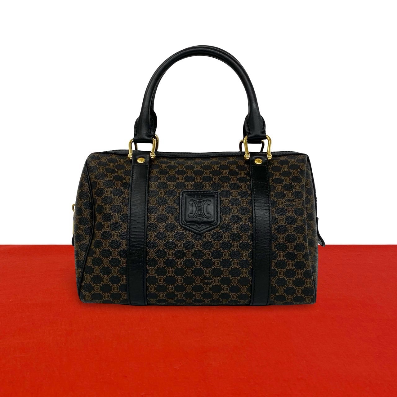 CELINE セリーヌ マカダム ブラゾン 柄 トリオンフ レザー PVC ハンドバッグ ブラウン
 18561
