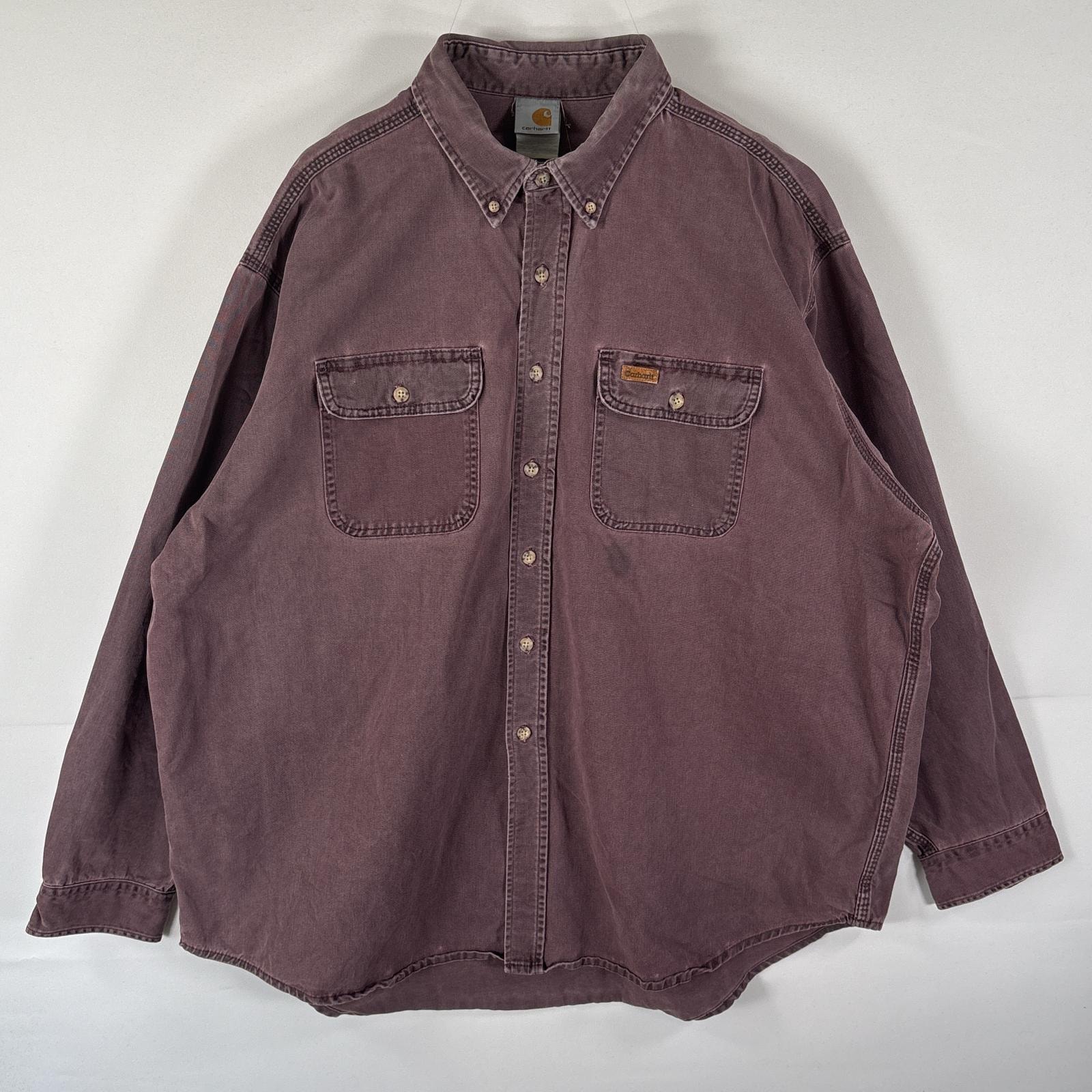 古着 カーハート Carhartt 長袖シャツ 胸ポケット 大きいサイズ レザーパッチ ワンポイントロゴ 厚手 ワーク ワインレッド系 メンズ