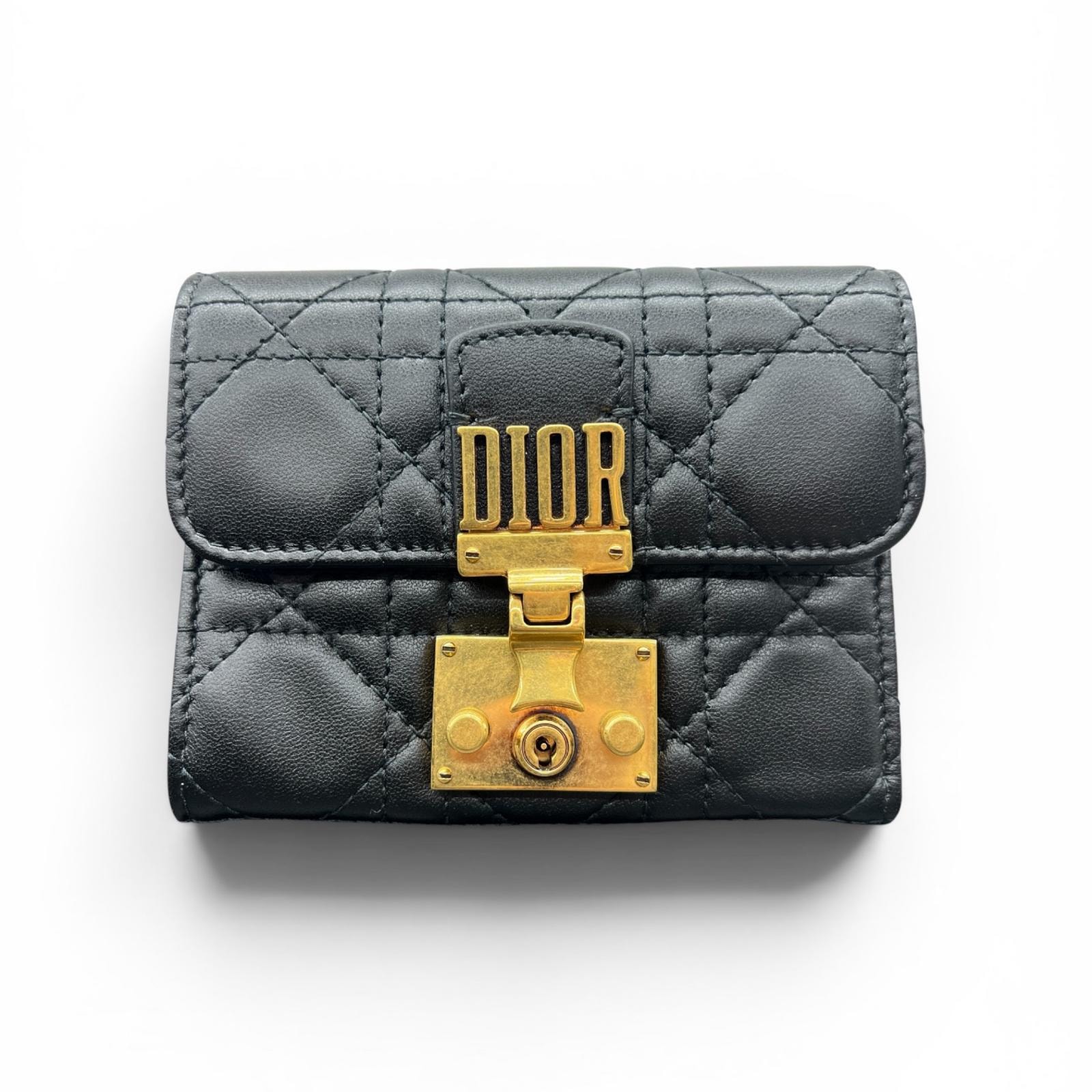 Christian Dior 希少 展示品級美品 ディオール アディクト カナージュ 三つ折り財布 レザー ブラック CD ロゴ コンパクトウォレット クリスチャン SAランク 鑑定済 中古 ディオール財布
