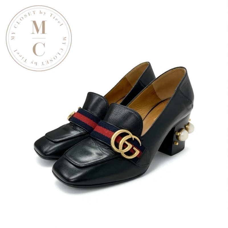グッチ GUCCI ダブルG パンプス 靴 シューズ レザー ブラック 黒 ゴールド GGマーモント パール