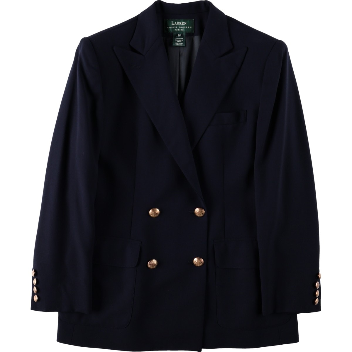 古着 ラルフローレン Ralph Lauren LAUREN ローレン ダブルブレスト ピークドラペル 紺ブレザー テーラードジャケット USA製 レディースL相当/eaa672645