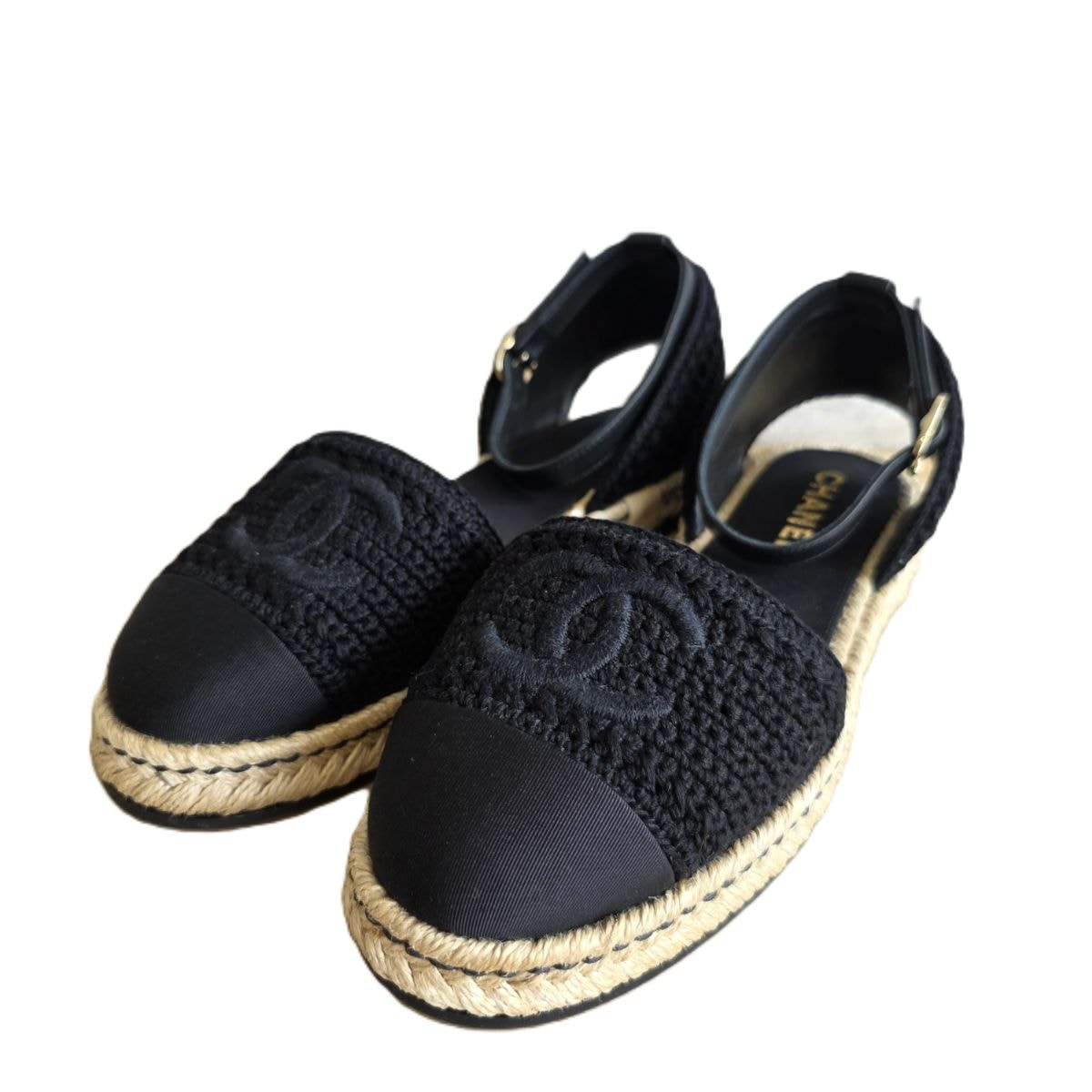CHANEL シャネル 22P ココマーク エスパドリーユ フラットサンダル  ニット 37 23.5cm サンダル ニット ブラック  レディース【中古】