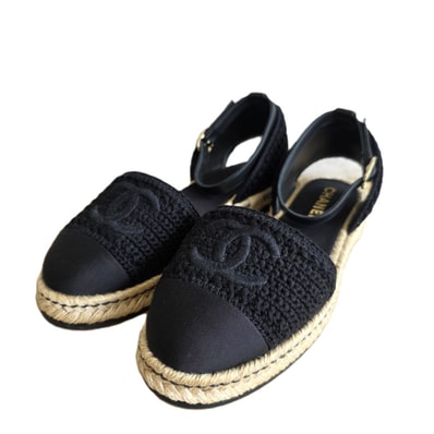 CHANEL シャネル 22P ココマーク エスパドリーユ フラットサンダル ニット 37 23.5cm サンダル ニット ブラック レディース【中古】