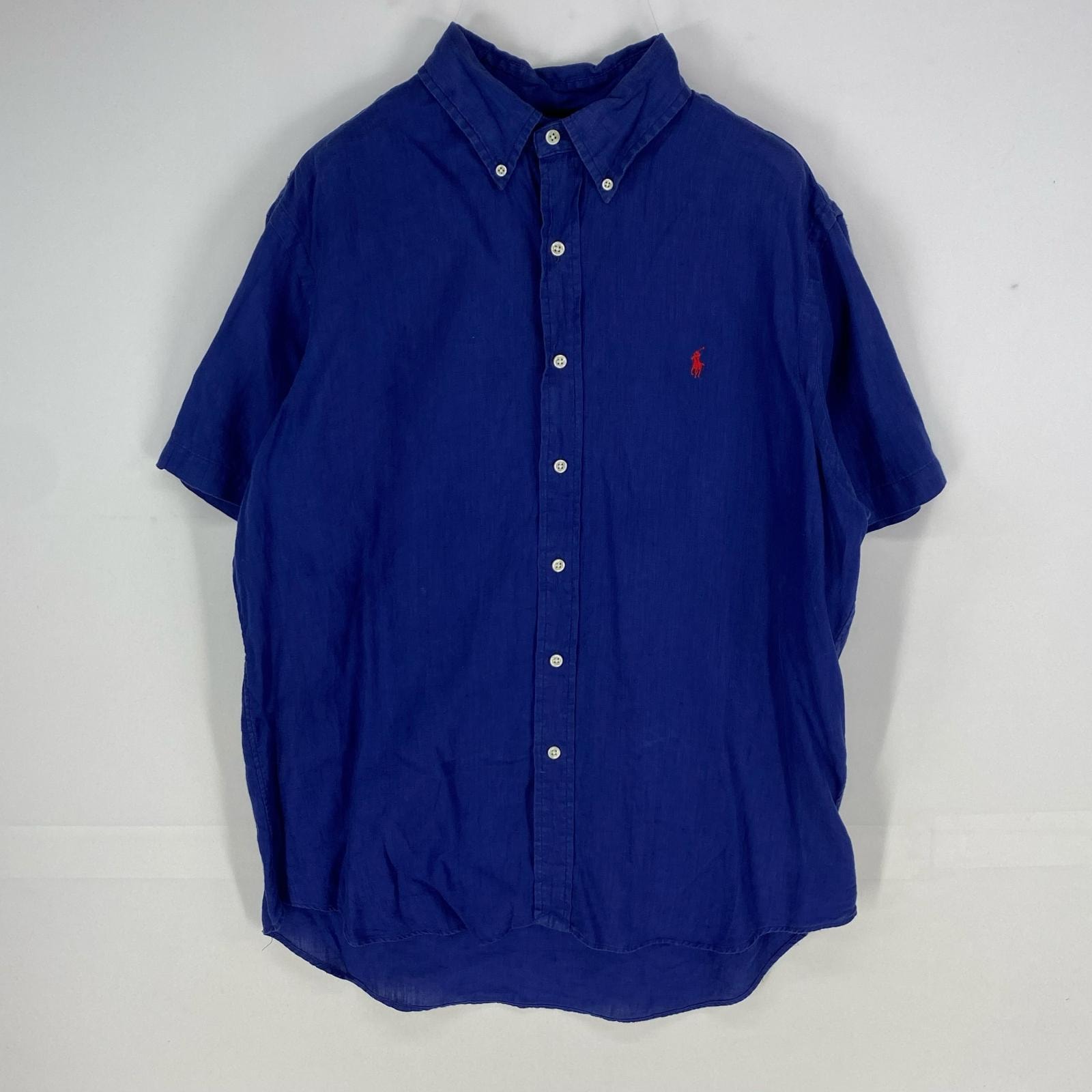 古着 ラルフローレン RALPH LAUREN 半袖シャツ 刺繍ロゴ ボタンダウン ワンポイント ショートスリーブ L ブルー系 メンズ