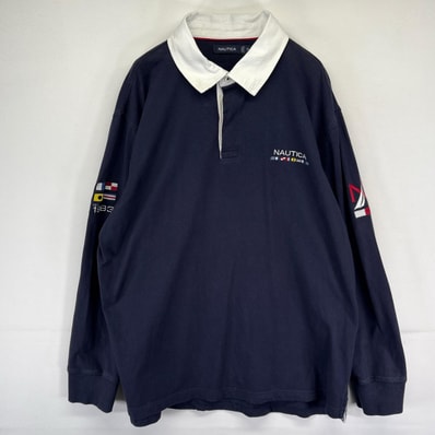 古着 ノーティカ NAUTICA 長袖シャツ ラガーシャツ ワンポイント刺繍ロゴ エルボーパッチ XL ネイビー系 メンズ
