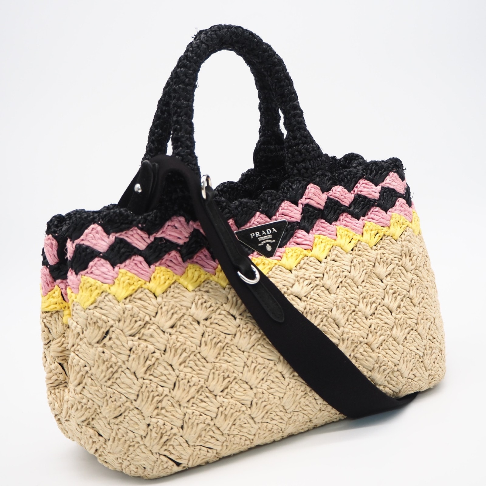 美品 PRADA プラダ ラフィア 2WAYハンドバッグ ナチュラル 1BG889 2wayハンドバッグ ベージュ マルチカラー ラフィア レディース