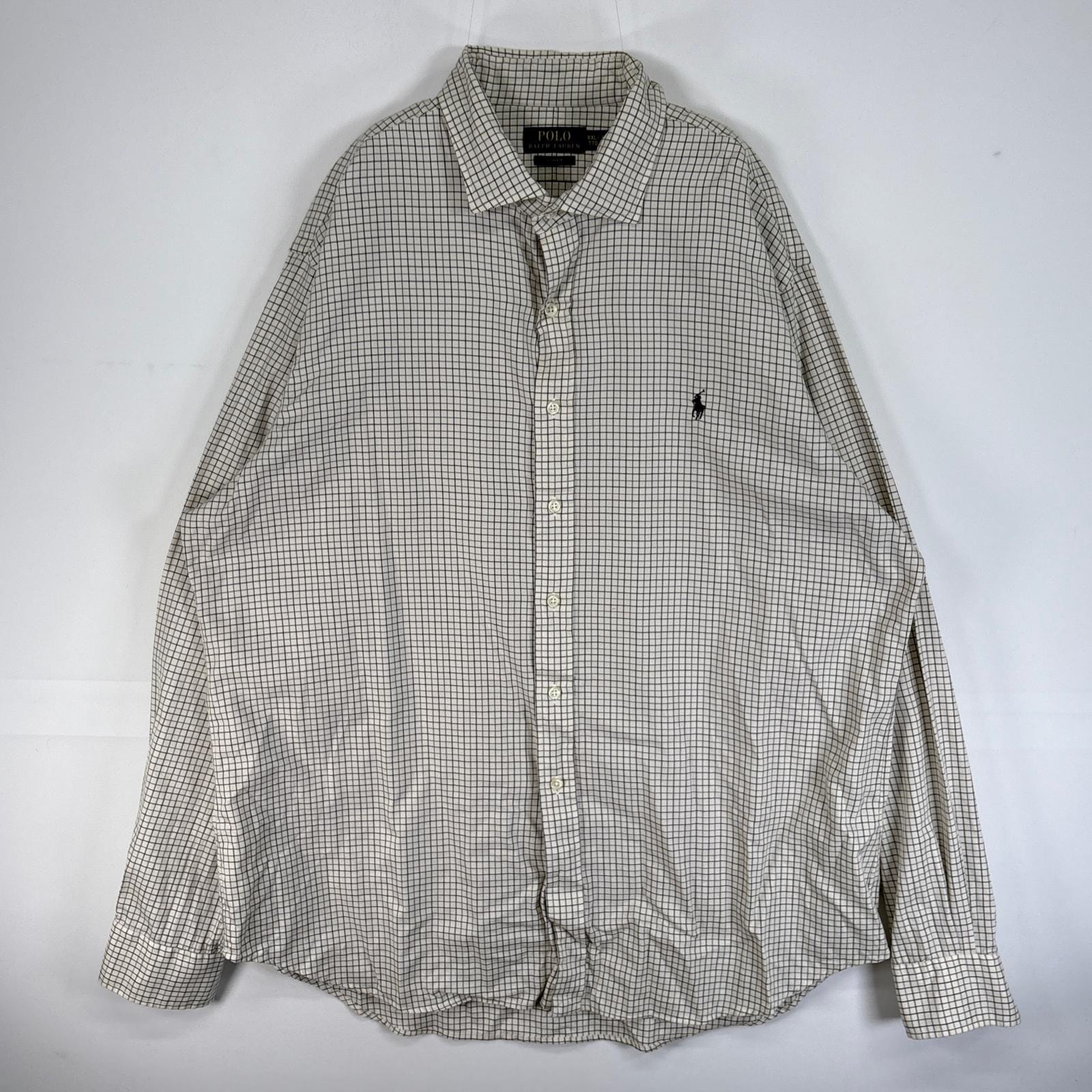古着 ポロ・ラルフローレン POLO RALPH LAUREN 長袖シャツ 大きいサイズ ロゴ 刺繍 カラーステイ 14041  ホワイト系 チェック メンズ