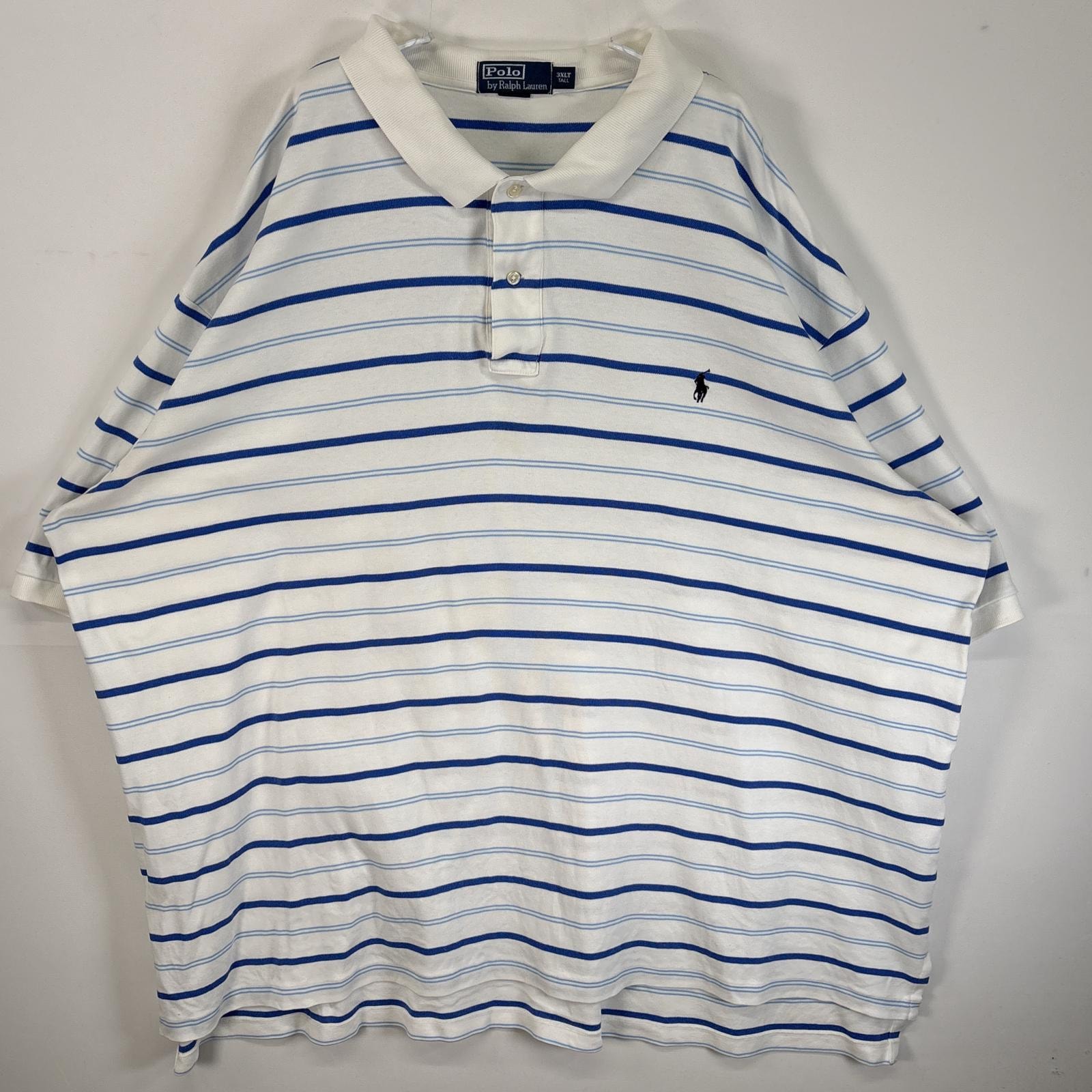 古着 90's/90年代 ポロバイラルフローレン Polo by Ralph Lauren 半袖 ポロシャツ ロゴ 刺繍 大きいサイズ 2ボタン 3XLT TALL  ブルー系 ボーダー メンズ
