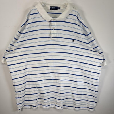 古着 90's/90年代 ポロバイラルフローレン Polo by Ralph Lauren 半袖 ポロシャツ ロゴ 刺繍 大きいサイズ 2ボタン 3XLT TALL ブルー系 ボーダー メンズ
