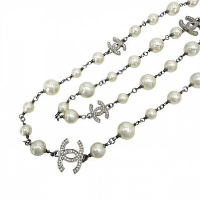CHANEL シャネル ネックレス ココマーク ロングネックレス アクセサリー フェイクパール ラインストーン A23V ホワイト 白 シルバー レディース 約91.4g 美品 2023年【中古品】