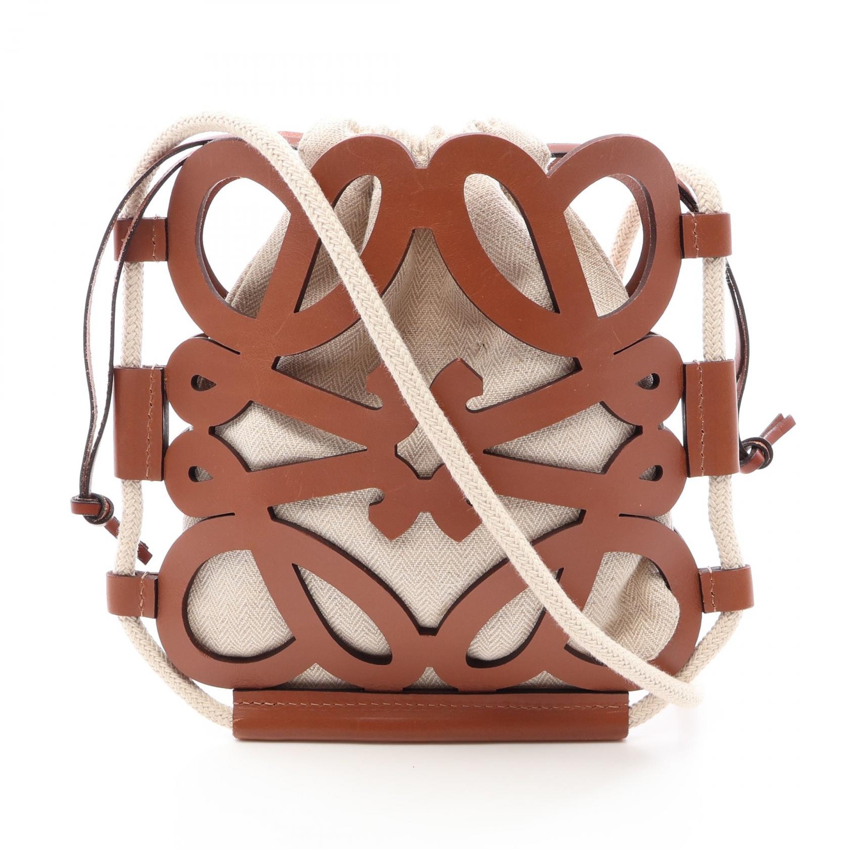 ロエベ LOEWE アナグラム カットアウト ショルダーバッグ バッグ キャンバス レザー レディース アイボリー系 / ブラウン系 B922Q09X01 【中古】