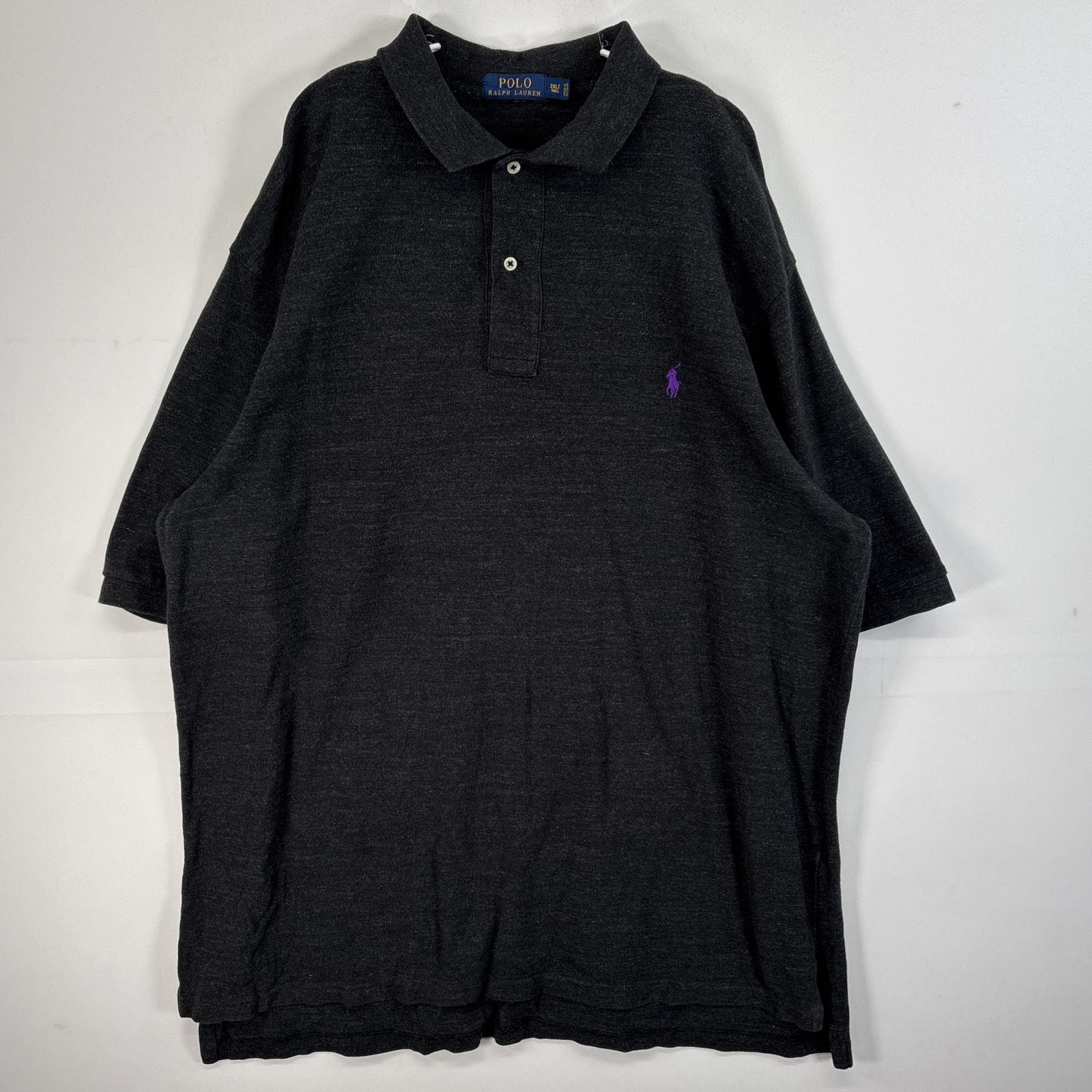 古着 ポロ・ラルフローレン POLO RALPH LAUREN 鹿の子 半袖 ポロシャツ ロゴ 刺繍 2ボタン 大きいサイズ 2XLT  ブラック 無地 メンズ