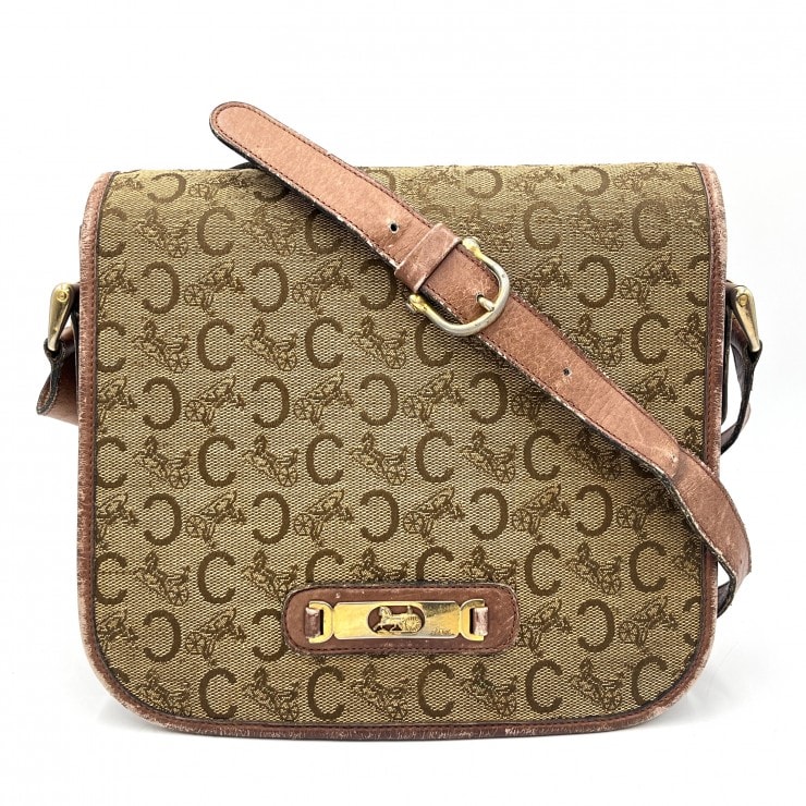 CELINE(セリーヌ) Cサルキー ヴィンテージ ショルダーバッグ 馬車金具 総柄 ブラウン キャンバス レザー ゴールド金具 レディース【中古】