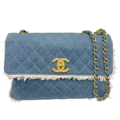 CHANEL 希少 極美品 シャネル デカ マトラッセ デニム チェーンショルダーバッグ フリンジ シングルフラップ コットン ゴールド金具 ブルー ショルダーバッグ デカマト Y2K ヴィンテージ ココマーク Aランク 鑑定済 中古 シャネルバッグ