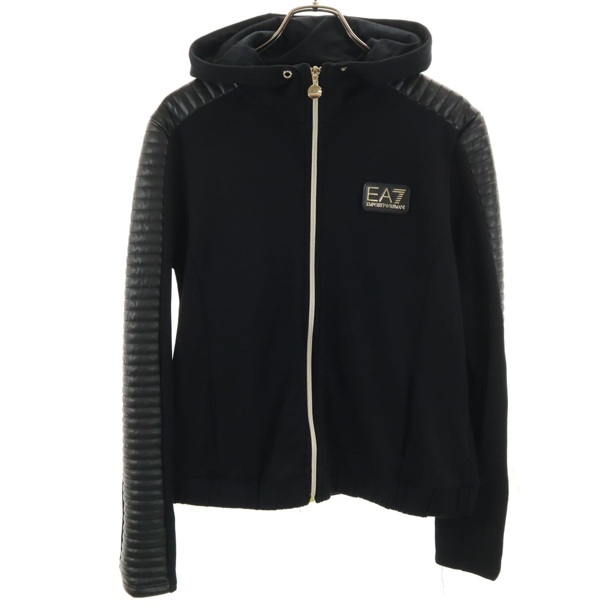 Emporio Armani エンポリオアルマーニ ポルトガル製 長袖 フェイクレザー切替 ジップパーカー L ブラック