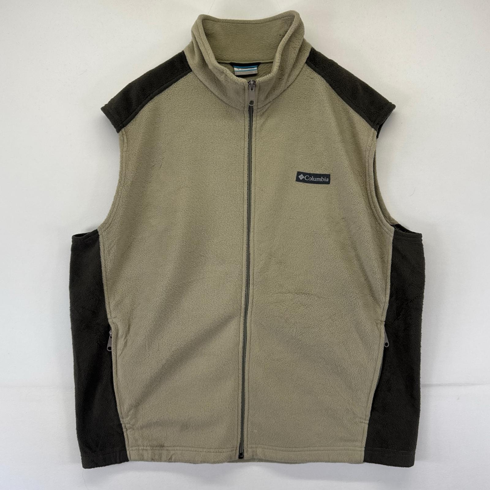 古着 コロンビア Columbia ベスト フルジップ ワンポイントロゴ 大きいサイズ フリース XL ベージュ系 ツートン メンズ