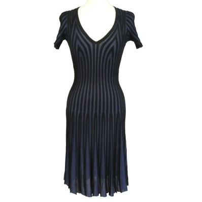 KENZO ケンゾー F852R0676824 vertical ridged v neck mini dress ストライプ Vネック リブニット ドレス ワンピース ブラック系 ネイビー系 XS【中古】