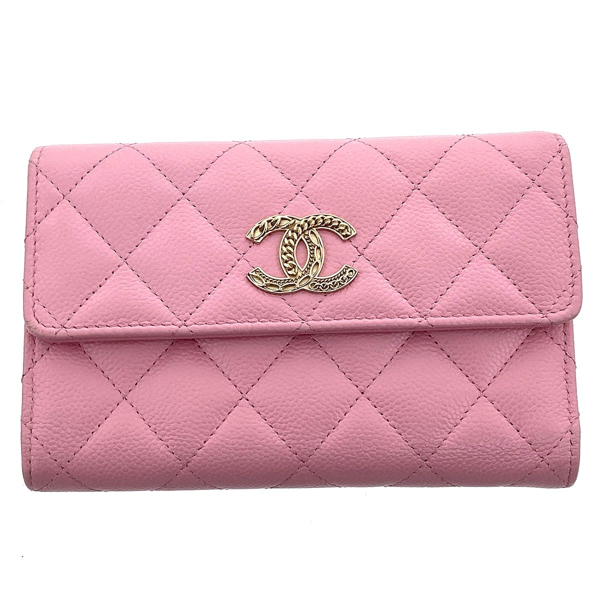CHANEL シャネル ミディアム フラップ ウォレット キャビアスキン 三つ折り財布 AP3051 キャビアスキン ピンク ゴールド金具  レディース【中古】