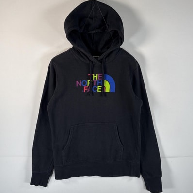 古着 ザ・ノースフェイス THE NORTH FACE パーカー ビッグロゴ フード紐 フーディー マフポケット S ブラック レディース