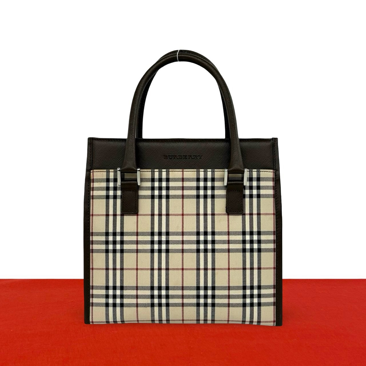 BURBERRY バーバリー ロゴ 刻印 ノバチェック 柄 キャンバス レザー ハンドバッグ ブラウン
 86665