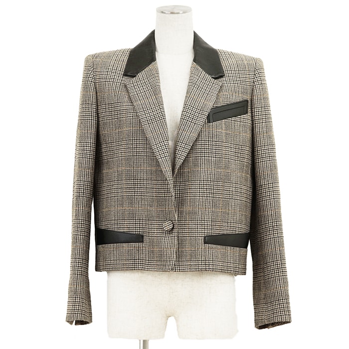【新品同様】LOUIS VUITTON ルイ・ヴィトン テーラードジャケット サイズ 36 レディース グレンチェック レザー アウター ハンガー付属 グレー系 灰色 フランス製
