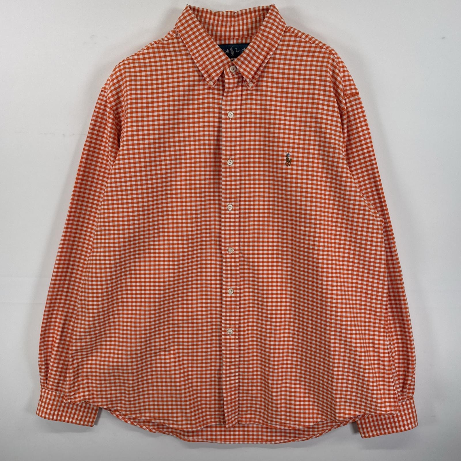 古着 ラルフローレン RALPH LAUREN 長袖シャツ ギンガムチェック ボタンダウンシャツ ワンポイント 大きいサイズ 14041  オレンジ チェック メンズ