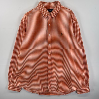古着 ラルフローレン RALPH LAUREN 長袖シャツ ギンガムチェック ボタンダウンシャツ ワンポイント 大きいサイズ 14041 オレンジ チェック メンズ
