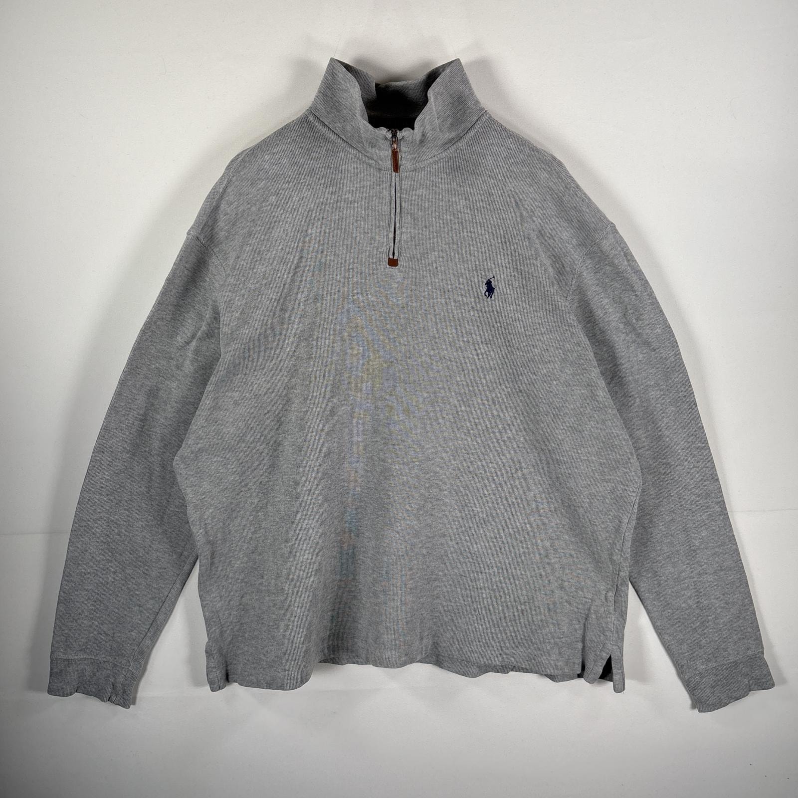 古着 ポロ・ラルフローレン POLO RALPH LAUREN コットンニット ワンポイント刺繍ロゴ ハーフジップ 厚手 XL  グレー メンズ