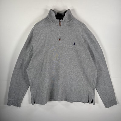 古着 ポロ・ラルフローレン POLO RALPH LAUREN コットンニット ワンポイント刺繍ロゴ ハーフジップ 厚手 XL グレー メンズ