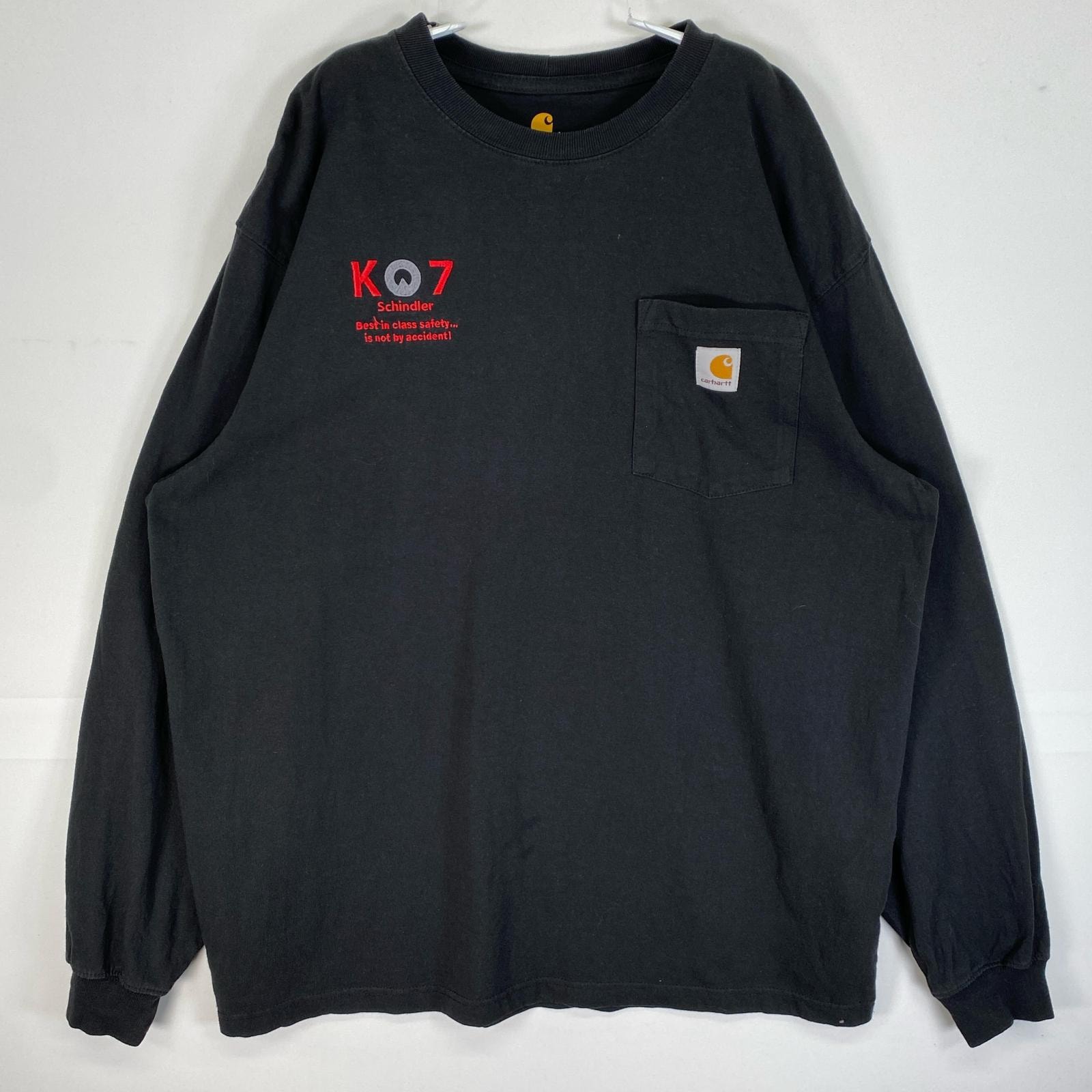 古着 カーハート Carhartt 長袖Tシャツ 肉厚 胸ポケット ワンポイント ロゴ L  ブラック 無地 メンズ