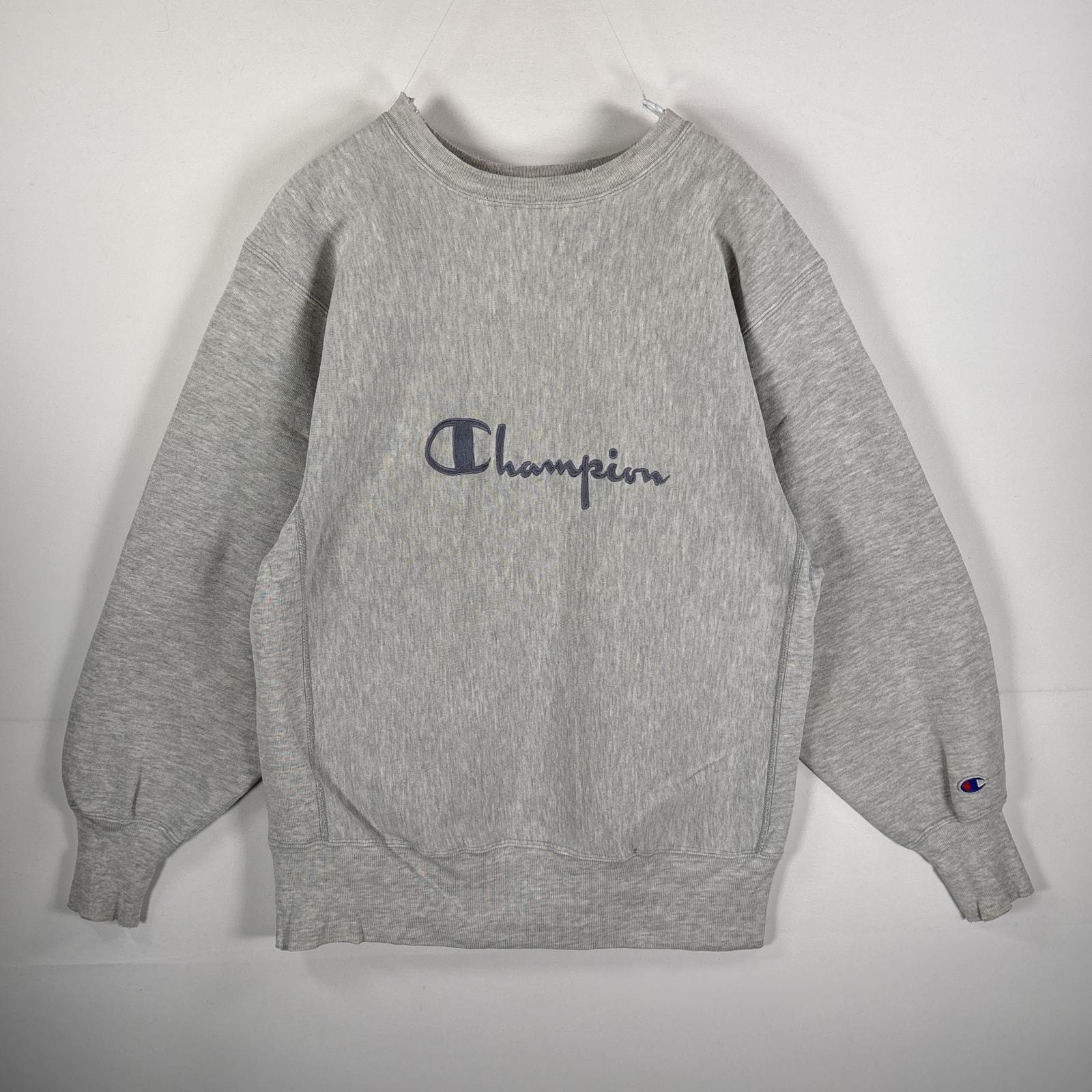 古着 90's/90年代 チャンピオン Champion USA製 スウェット リバースウィーブ 刺繍プリント クルーネック L グレー メンズ