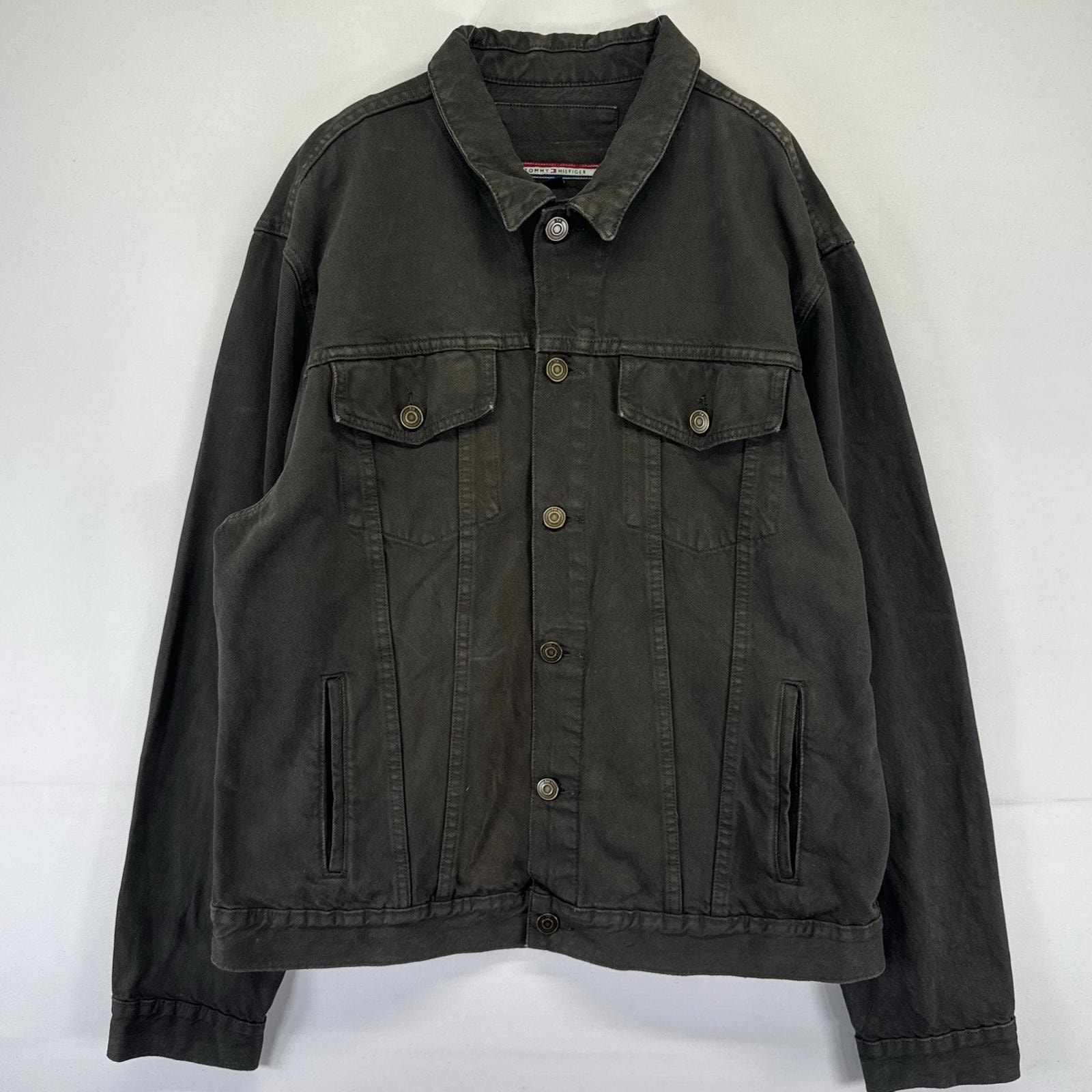 古着 トミーヒルフィガー TOMMY HILFIGER デニム ジャケット デニム 大きいサイズ 2XL  グリーン系 無地 メンズ