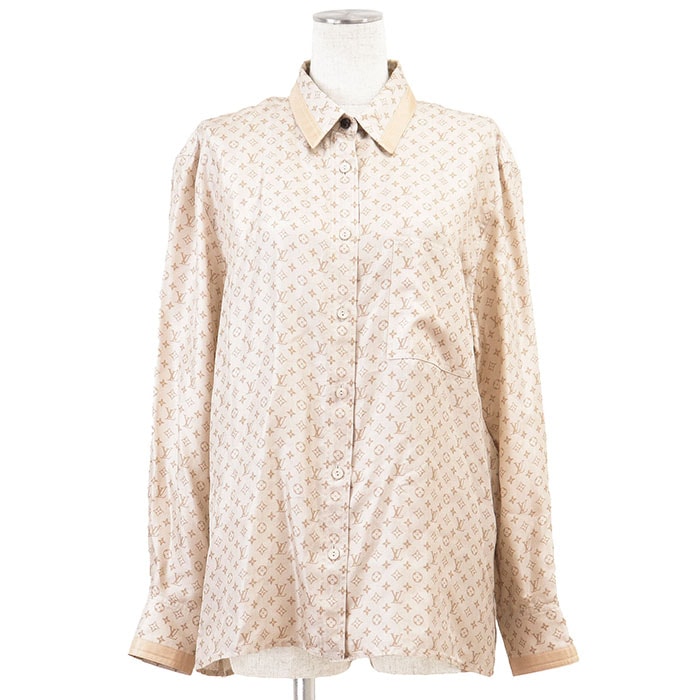 【美品】LOUIS VUITTON ルイ・ヴィトン シャツ シルク100% ツイル 2024AW LV ロゴ モノグラム・キャンバス ボタン パジャマ 長袖 トップス レディース サイズ 38 シャンパンゴールド ベージュ イタリア製