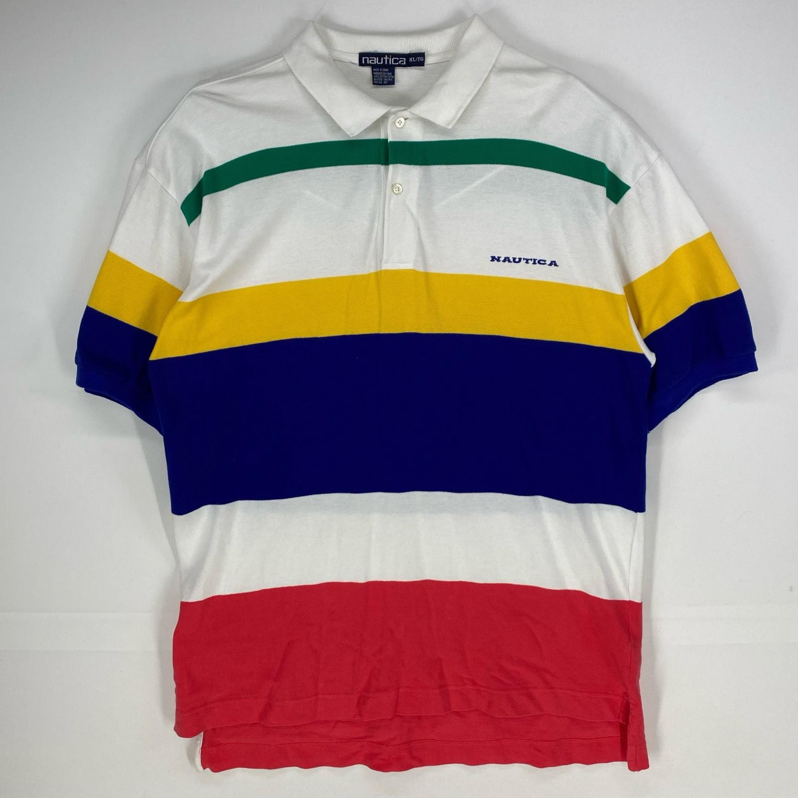 古着 90's/90年代 ノーティカ NAUTICA 半袖シャツ ロゴ刺繍 ポロシャツ 大きいサイズ XL  ホワイト系 ボーダー メンズ