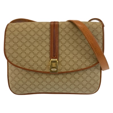 CELINE セリーヌ ヴィンテージ マカダム ベージュ ブラウン ゴールド金具 PVC レザー/ ショルダーバッグ ポシェット 604804 【中古】