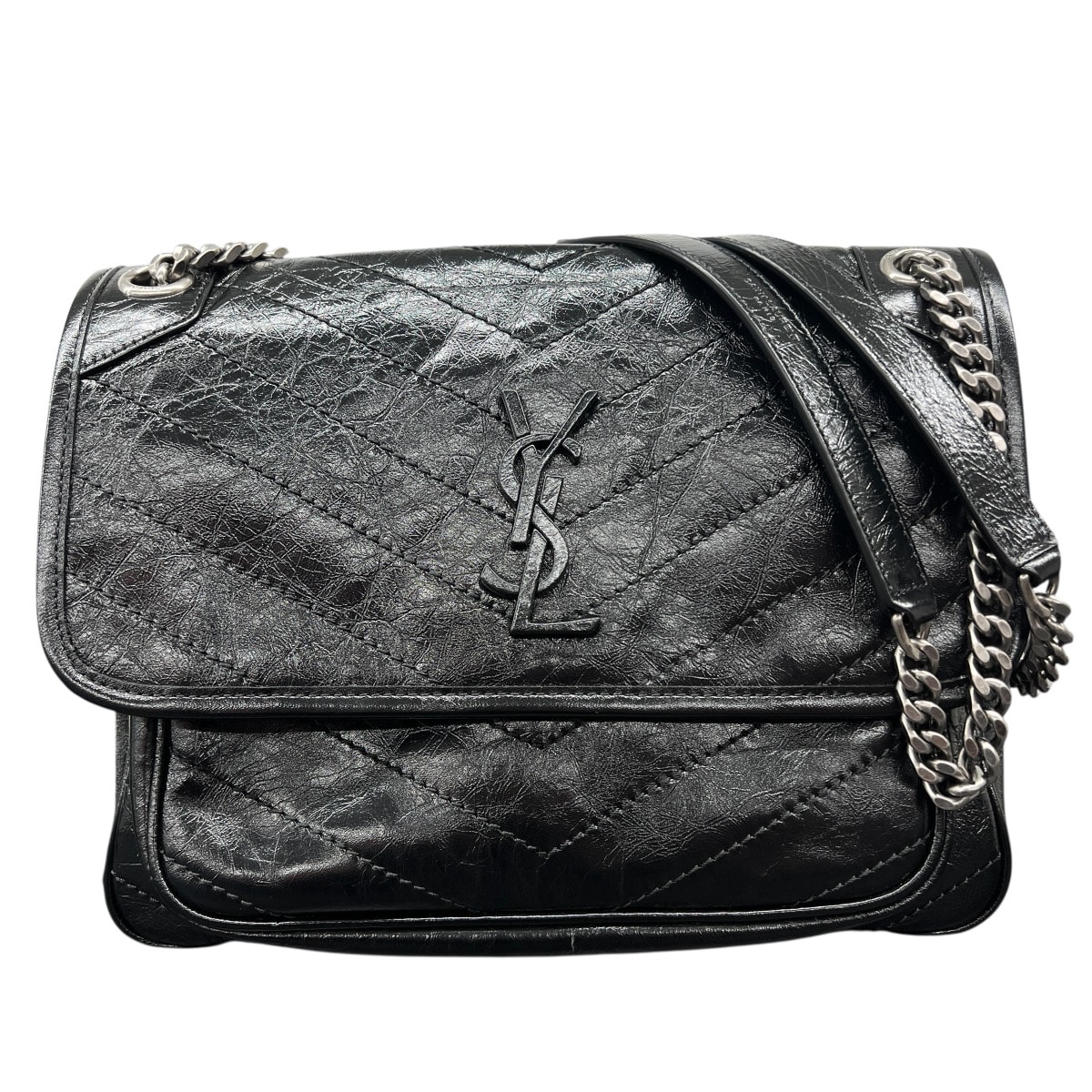 SAINT LAURENT 展示品級 サンローラン ニキ ミディアム チェーン ショルダーバッグ レザー ブラック メッセンジャーバッグ クロスボディ セミショルダー ワンショルダー SAランク 鑑定済 中古 サンローランバッグ【定価484,000円】