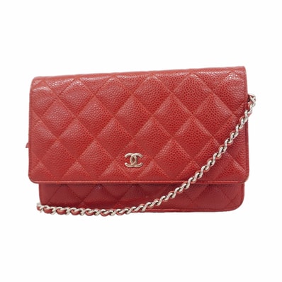 ★SALE【6hc1595-k】シャネル ショルダーウォレット マトラッセ チェーンショルダー キャビアスキン レッド シルバー金具【中古】レディース