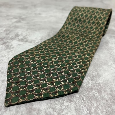 【HERMES】エルメス ネクタイ 馬具柄 ビット チェーン 総柄 グリーン ベージュ ブラウン フランス製 ヴィンテージ レギュラータイ メンズ