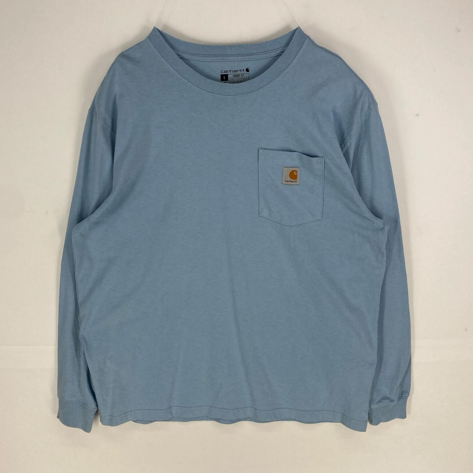 古着 カーハート Carhartt 長袖Tシャツ クルーネック ワンポイント 胸ポケット ロンT ロゴ L 水色系 メンズ