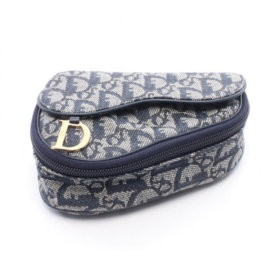 ディオール Dior サドルポーチ ミニ トロッター ポーチ バッグ キャンバス レザー レディース ネイビー系 / ベージュ系 MC1928 【中古】