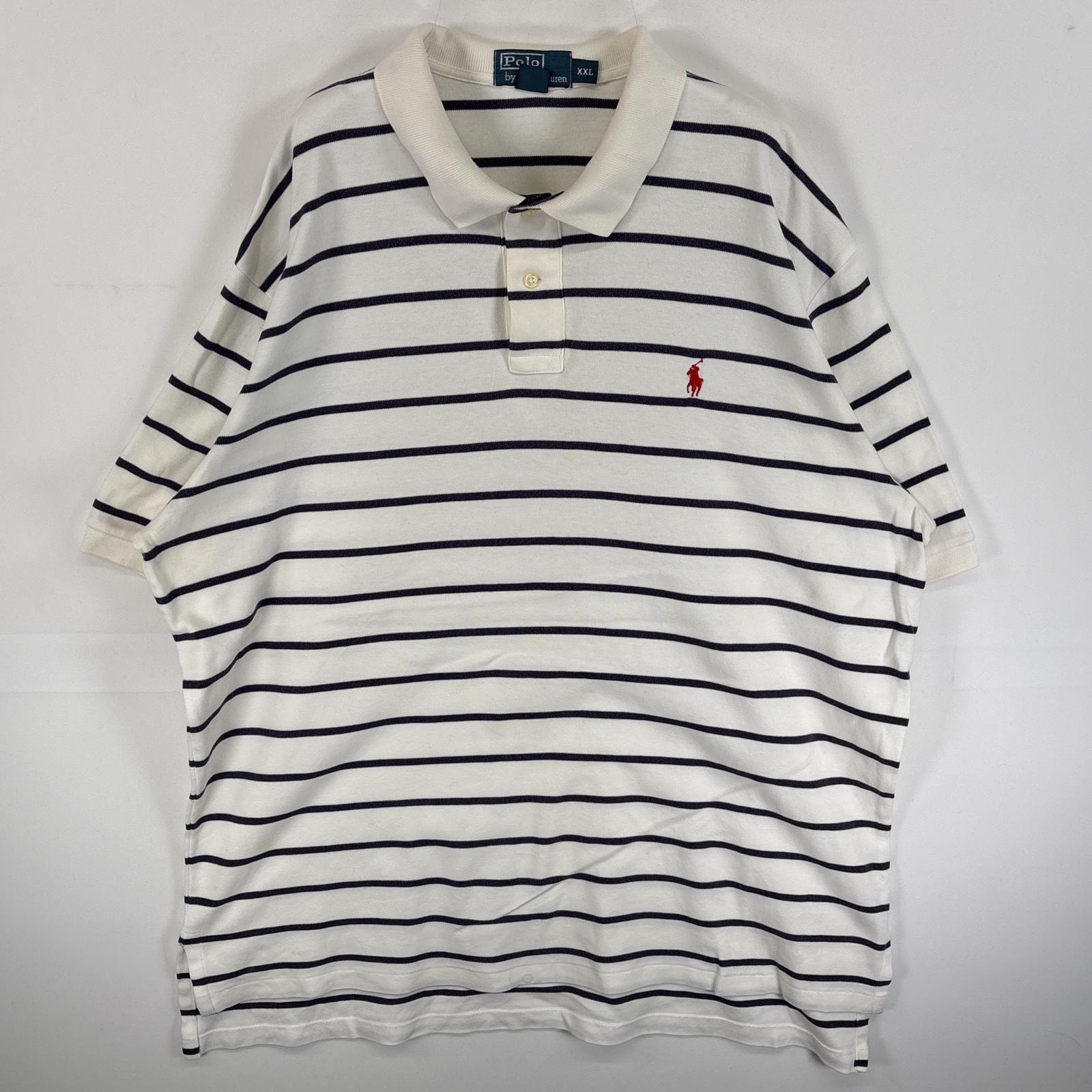 古着 90's/90年代 ポロバイラルフローレン Polo by Ralph Lauren 半袖 ポロシャツ ワンポイント ロゴ 刺繍 大きいサイズ 2ボタン 14041  ホワイト系 ボーダー メンズ