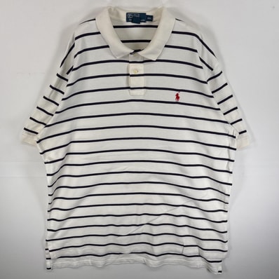 古着 90's/90年代 ポロバイラルフローレン Polo by Ralph Lauren 半袖 ポロシャツ ワンポイント ロゴ 刺繍 大きいサイズ 2ボタン 14041 ホワイト系 ボーダー メンズ