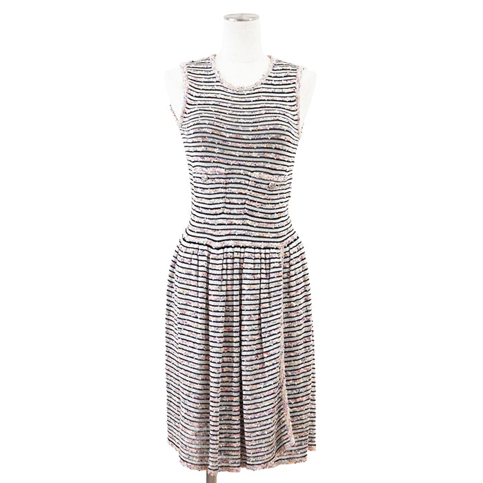 【極美品】CHANEL シャネル ノースリーブワンピース サイズ 36 レディース P41416 ニット ボーダー ドレス マルチカラー イタリア製 カール・ラガーフェルド期