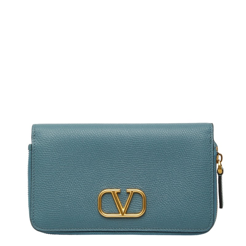 ヴァレンティノ Vロゴ ラウンドファスナー 長財布 ライトブルー レザー レディース VALENTINO 【中古】