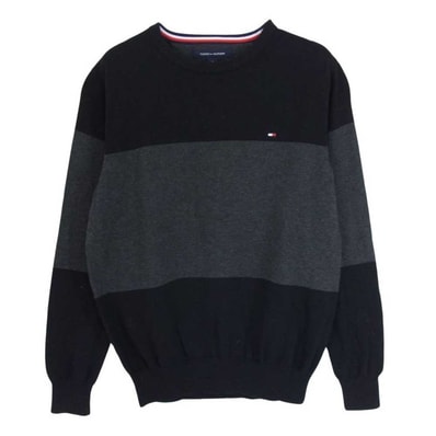 TOMMY HILFIGER トミーヒルフィガー ニット フラッグ 刺繍 ボーダー ニット ブラック系 M【中古】