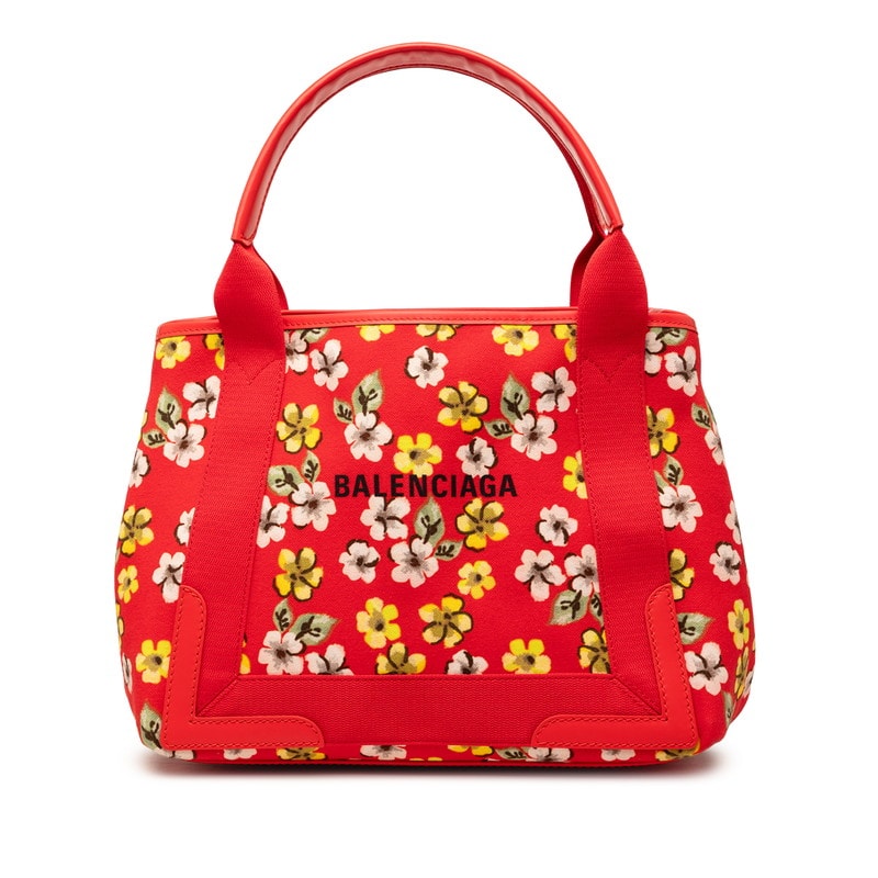 バレンシアガ ネイビーカバス フラワーモチーフ トートバッグ ハンドバッグ 339933 レッド キャンバス レザー レディース BALENCIAGA 【中古】