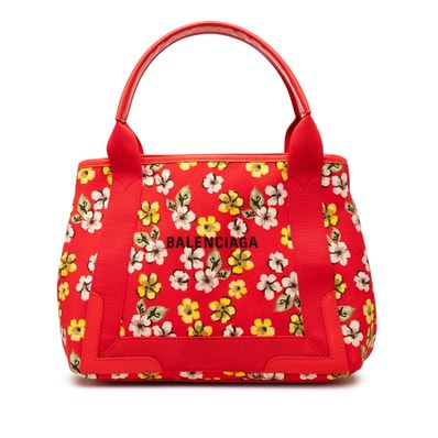 バレンシアガ ネイビーカバス フラワーモチーフ トートバッグ ハンドバッグ 339933 レッド キャンバス レザー レディース BALENCIAGA 【中古】