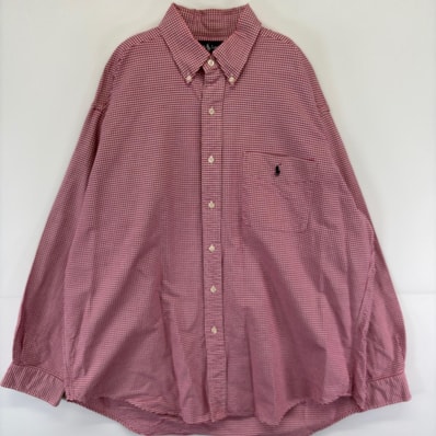 古着 ラルフローレン RALPH LAUREN 長袖シャツ ボタンダウン ワンポイントロゴ 胸ポケット BIG SHIRT L レッド チェック メンズ