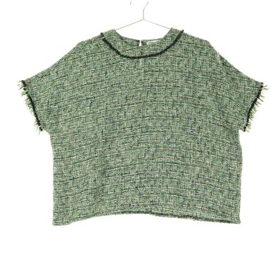 美品 ZARA ザラ MIXツイード フレンチスリーブ Tシャツ USA S グリーン プルオーバー
