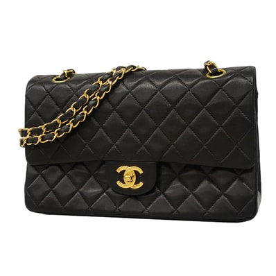 【6fa0732】シャネル ショルダーバッグ マトラッセ Wフラップ Wチェーン ラムスキン ブラック ゴールド金具【中古】レディース